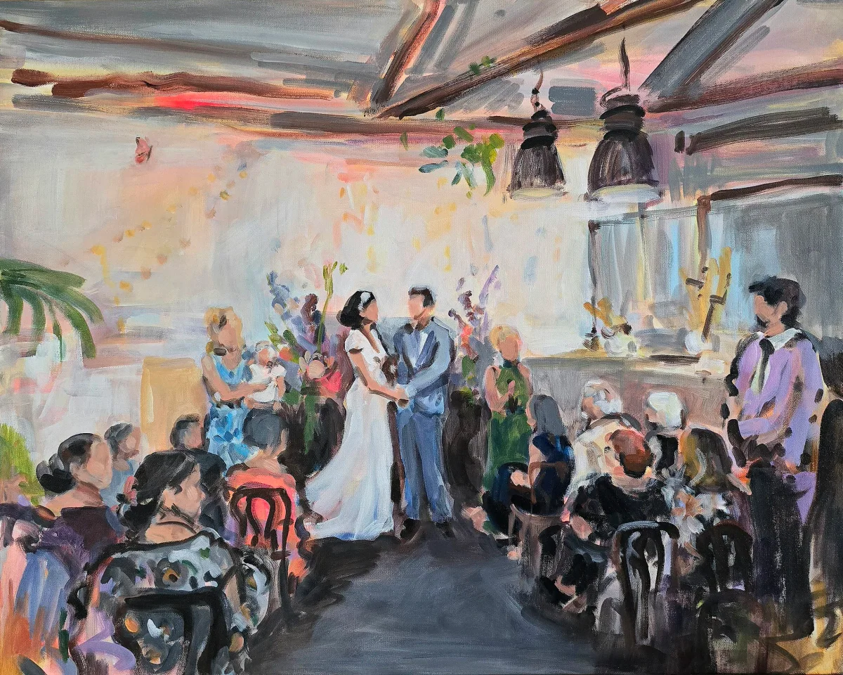 An impressionistic painting of a lively indoor scene with many people, warm lighting, and hanging lamps, capturing a social gathering or celebration.